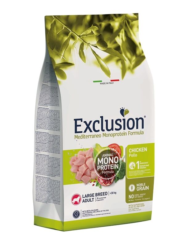 Exclusion Mediterraneo Monoprotein Noble Grain Large Adult Pollo 12kg – Crocchette Complete per Cani Adulti di Taglia Grande