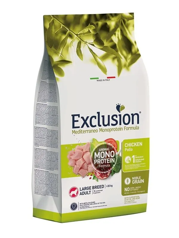 Exclusion Mediterraneo Monoprotein Noble Grain Large Adult Pollo 12kg – Crocchette Complete per Cani Adulti di Taglia Grande