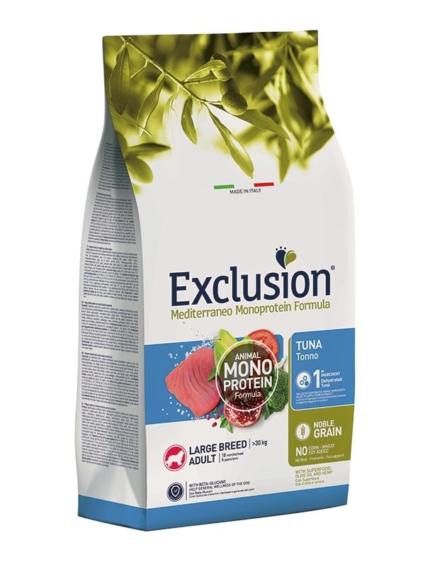 Exclusion Mediterraneo Monoprotein Noble Grain Large Adult Tonno 12kg – Crocchette Complete per Cani Adulti di Taglia Grande