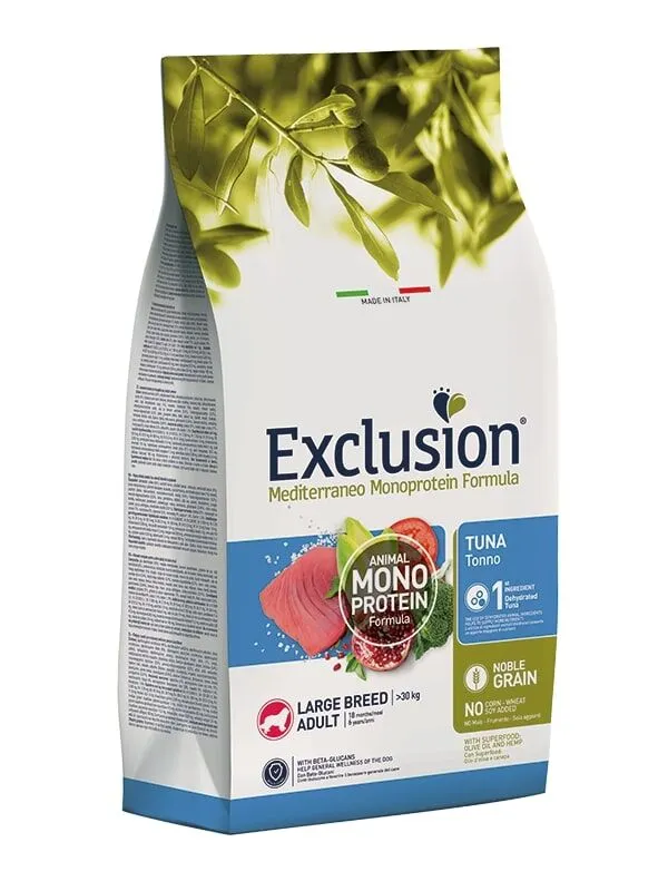 Exclusion Mediterraneo Monoprotein Noble Grain Large Adult Tonno 12kg – Crocchette Complete per Cani Adulti di Taglia Grande