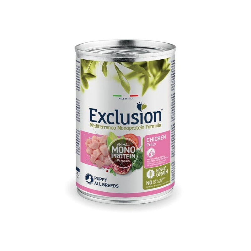 Exclusion Mediterraneo Monoprotein All Breeds 400g – Alimento Umido Completo Monoproteico per Cani Adulti di Tutte le Taglie Pollo - Puppy