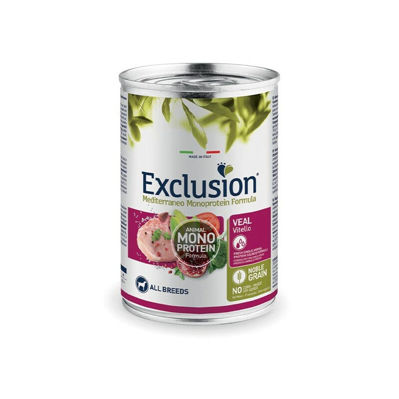 Exclusion Mediterraneo Monoprotein All Breeds 400g – Alimento Umido Completo Monoproteico per Cani Adulti di Tutte le Taglie Vitello - Adult