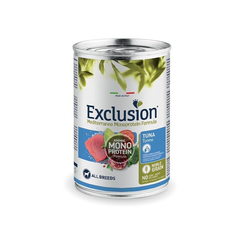 Exclusion Mediterraneo Monoprotein All Breeds 400g – Alimento Umido Completo Monoproteico per Cani Adulti di Tutte le Taglie Tonno- Adult
