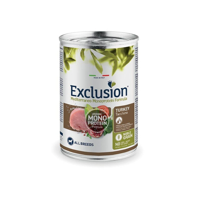 Exclusion Mediterraneo Monoprotein All Breeds 400g – Alimento Umido Completo Monoproteico per Cani Adulti di Tutte le Taglie Tacchino - Adult