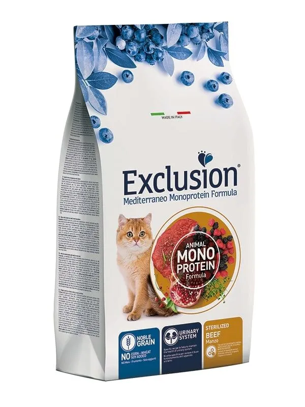 Exclusion Mediterraneo Monoprotein Noble Grain Adult Sterilized Manzo – Crocchette Complete per Gatti Adulti Sterilizzati