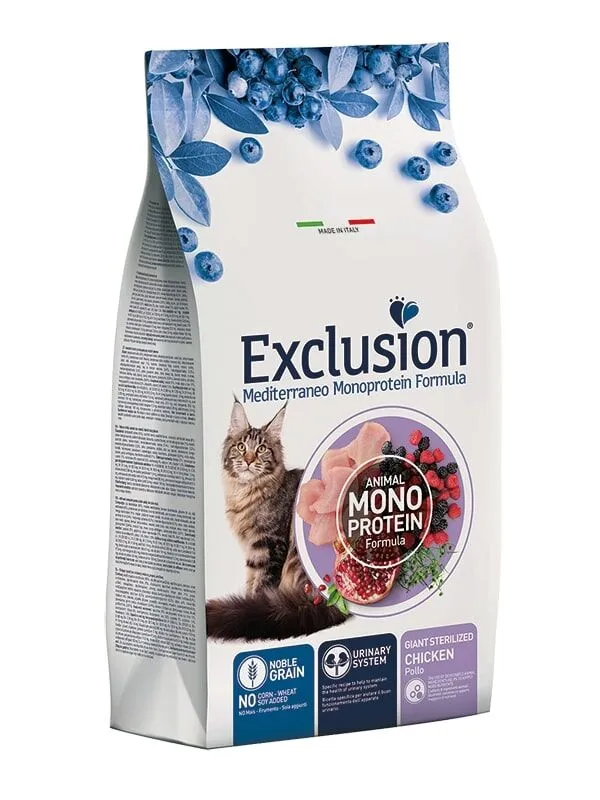 Exclusion Mediterraneo Monoprotein Noble Grain Adult Giant Sterilized Pollo – Crocchette Complete per Gatti di Taglia Grande Sterilizzati