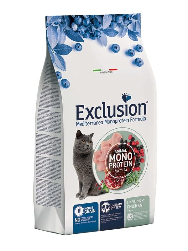 Exclusion Mediterraneo Monoprotein Noble Grain Adult Sterilized +7 Pollo – Crocchette Complete per Gatti Sterilizzati oltre i 7 Anni 300g