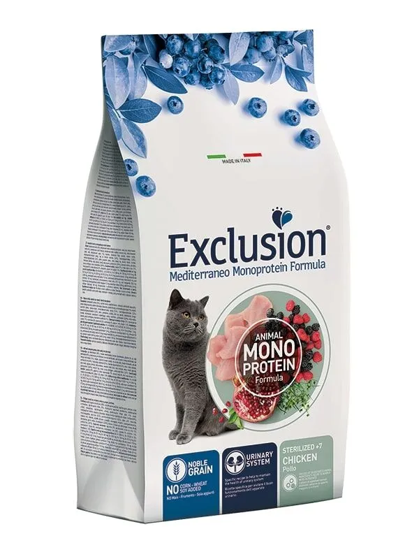 Exclusion Mediterraneo Monoprotein Noble Grain Adult Sterilized +7 Pollo – Crocchette Complete per Gatti Sterilizzati oltre i 7 Anni