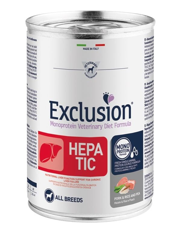 Exclusion Monoprotein Veterinary Diet Dog Hepatic Maiale, Riso e Piselli 400g – Alimento Umido Dietetico Completo per Cani Adulti con Insufficienza Epatica