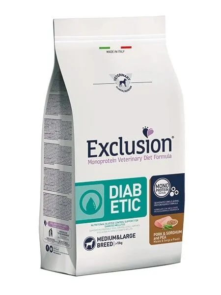 Exclusion Monoprotein Veterinary Diet Medium & Large Diabetic Maiale, Sorgo e Piselli – Alimento Dietetico Completo per Cani Adulti con Diabete Mellito