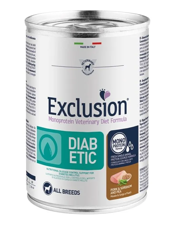Exclusion Monoprotein Veterinary Diet Dog Diabetic Maiale e Sorgo 400g – Alimento Umido Dietetico Completo per Cani Adulti con Diabete Mellito