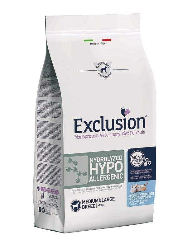 Exclusion Monoprotein Veterinary Diet Medium & Large Hypoallergenic Hydrolyzed Pesce e Cicoria – Alimento Dietetico Completo per Cani Adulti di Taglia Media e Grande con Allergie Alimentari 12kg