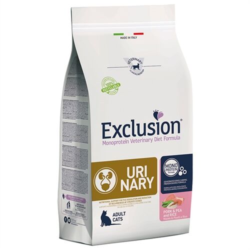 Exclusion Monoprotein Veterinary Diet Cat Urinary Maiale e Piselli 1,5kg – Crocchette Dietetiche per Gatti Adulti con Calcoli di Struvite