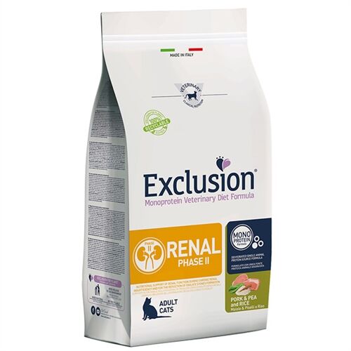 Exclusion Monoprotein Veterinary Diet Cat Renal Fase II Maiale e Riso 1,5kg – Crocchette Dietetiche Complete per Gatti Adulti con Insufficienza Renale Cronica