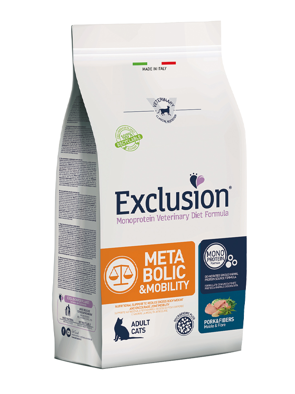 Exclusion Monoprotein Veterinary Diet Cat Metabolic & Mobility Maiale e Fibre – Alimento Dietetico Completo per Gatti Adulti in Sovrappeso e per il Supporto della Mobilità 1,5kg