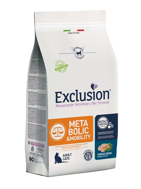 Exclusion Monoprotein Veterinary Diet Cat Metabolic & Mobility Maiale e Fibre – Alimento Dietetico Completo per Gatti Adulti in Sovrappeso e per il Supporto della Mobilità 1,5kg