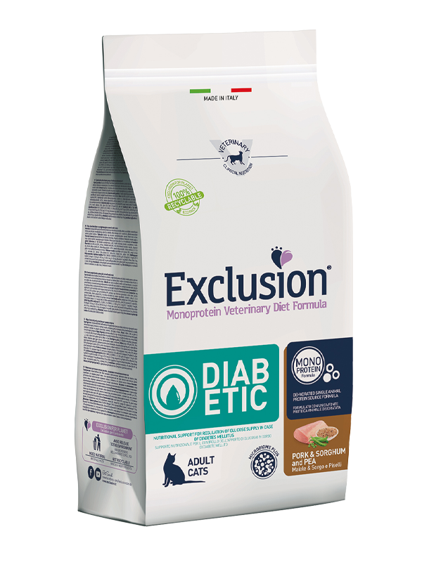 Exclusion Monoprotein Veterinary Diet Cat Diabetic Maiale e Sorgo 1,5kg – Alimento Dietetico Completo per Gatti Adulti con Diabete Mellito