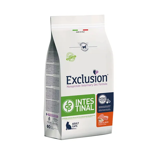 Exclusion Monoprotein Veterinary Diet Cat Intestinal Maiale e Riso 1,5kg – Crocchette Dietetiche Complete per Gatti Adulti con Disturbi Gastrointestinali