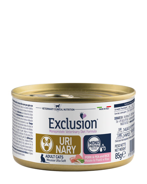 Exclusion Monoprotein Veterinary Diet Cat Urinary Maiale e Riso 85g – Alimento Umido Dietetico Completo per Gatti Adulti con Calcoli di Struvite