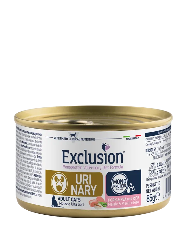 Exclusion Monoprotein Veterinary Diet Cat Urinary Maiale e Riso 85g – Alimento Umido Dietetico Completo per Gatti Adulti con Calcoli di Struvite