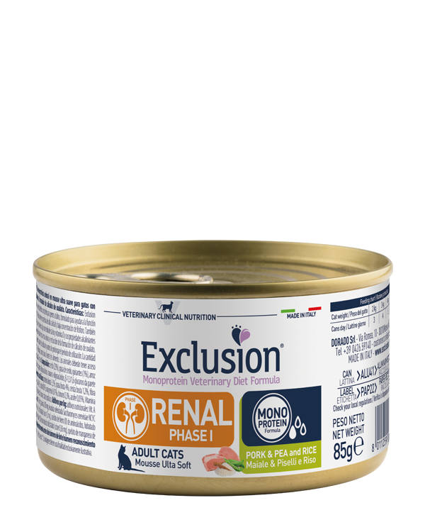 Exclusion Monoprotein Veterinary Diet Cat Renal Phase I Maiale, Piselli e Riso 85g – Alimento Umido Dietetico Completo per Gatti Adulti con Insufficienza Renale