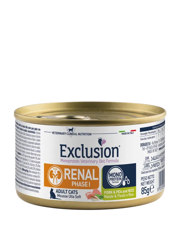 Exclusion Monoprotein Veterinary Diet Cat Renal Phase I Maiale, Piselli e Riso 85g – Alimento Umido Dietetico Completo per Gatti Adulti con Insufficienza Renale