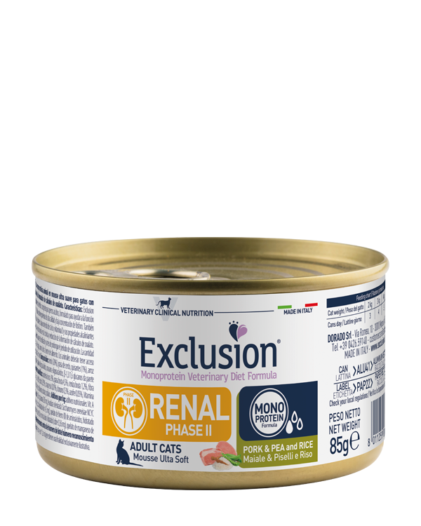Exclusion Monoprotein Veterinary Diet Cat Renal Phase II Maiale, Piselli e Riso 85g – Alimento Umido Dietetico Completo per Gatti Adulti con Insufficienza Renale Cronica