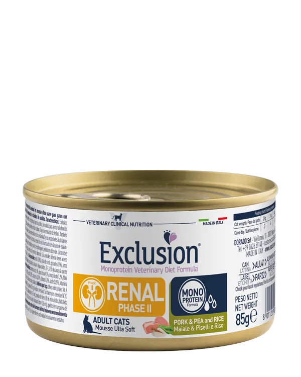 Exclusion Monoprotein Veterinary Diet Cat Renal Phase II Maiale, Piselli e Riso 85g – Alimento Umido Dietetico Completo per Gatti Adulti con Insufficienza Renale Cronica