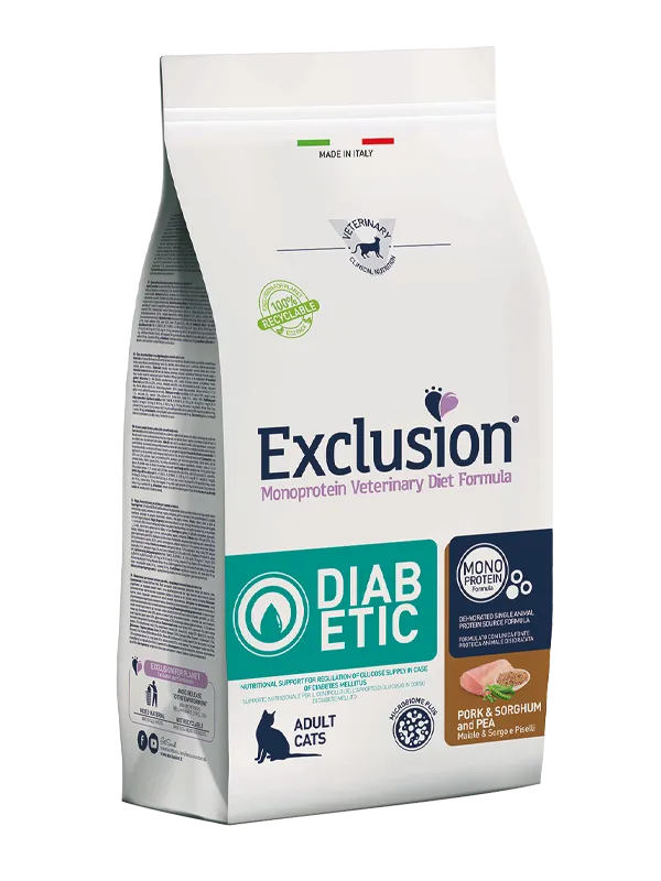 Exclusion Monoprotein Veterinary Diet Cat Diabetic Maiale e Sorgo – Alimento Dietetico Completo per Gatti Adulti con Diabete Mellito
