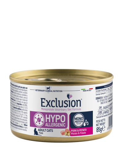 Exclusion Monoprotein Veterinary Diet Cat Hypoallergenic Maiale e Patate 85g – Alimento Umido Dietetico Completo per Gatti Adulti con Intolleranze Alimentari