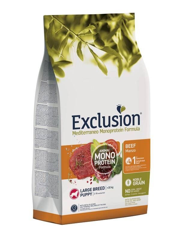Exclusion Mediterraneo Monoprotein Noble Grain Large Puppy Manzo 12kg – Crocchette Complete per Cuccioli di Taglia Grande