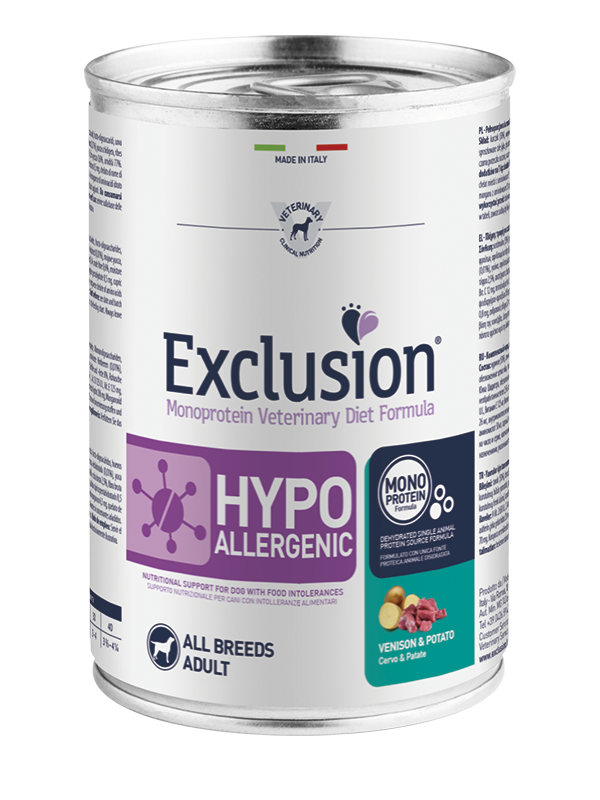 Exclusion Hypoallergenic Cervo e Patate 400g – Alimento Umido Dietetico Completo Monoproteico per Cani Adulti con Intolleranze Alimentari