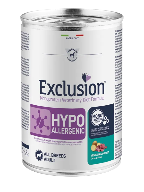 Exclusion Hypoallergenic Cervo e Patate 400g – Alimento Umido Dietetico Completo Monoproteico per Cani Adulti con Intolleranze Alimentari