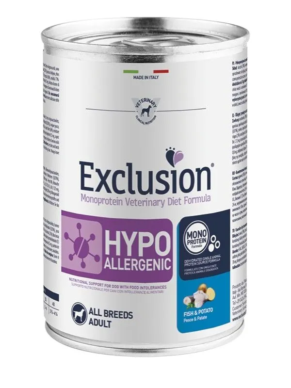 Exclusion Monoprotein Veterinary Diet Dog Hypoallergenic Pesce e Patate All Breeds 400g – Alimento Umido Dietetico Completo per Cani con Intolleranze Alimentari