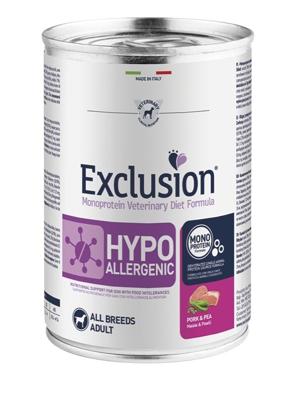 Exclusion Monoprotein Veterinary Diet Dog Hypoallergenic Maiale e Piselli All Breeds 400g – Alimento Umido Dietetico Completo per Cani con Intolleranze Alimentari