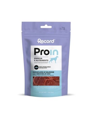 Record Snack Naturale ProIn Medaglioni di Salmone e Bacche di Goji 75 g per Cani e Gatti – Premio Morbido Ricco di Salmone