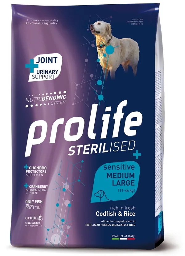 Prolife Sterilised Sensitive Medium e Large Merluzzo e Riso