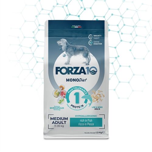 FORZA10 Medium Adult MonoDiet Pesce – Crocchette Monoproteiche per Cani Adulti di Taglia Media 1,5kg