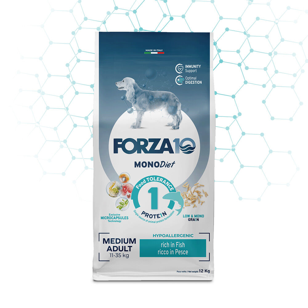 FORZA10 Medium Adult MonoDiet Pesce – Crocchette Monoproteiche per Cani Adulti di Taglia Media 12kg