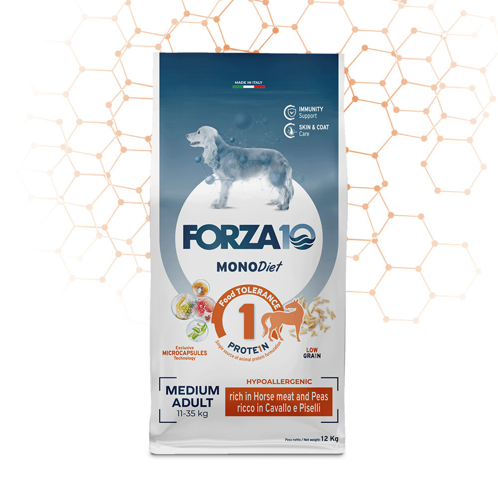 FORZA10 Medium Adult MonoDiet Cavallo e Piselli – Crocchette Monoproteiche per Cani Adulti di Taglia Media 12kg