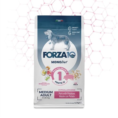 FORZA10 Medium Adult MonoDiet Maiale e Patate – Crocchette Monoproteiche per Cani Adulti di Taglia Media 1,5kg
