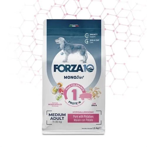 FORZA10 Medium Adult MonoDiet Maiale e Patate – Crocchette Monoproteiche per Cani Adulti di Taglia Media