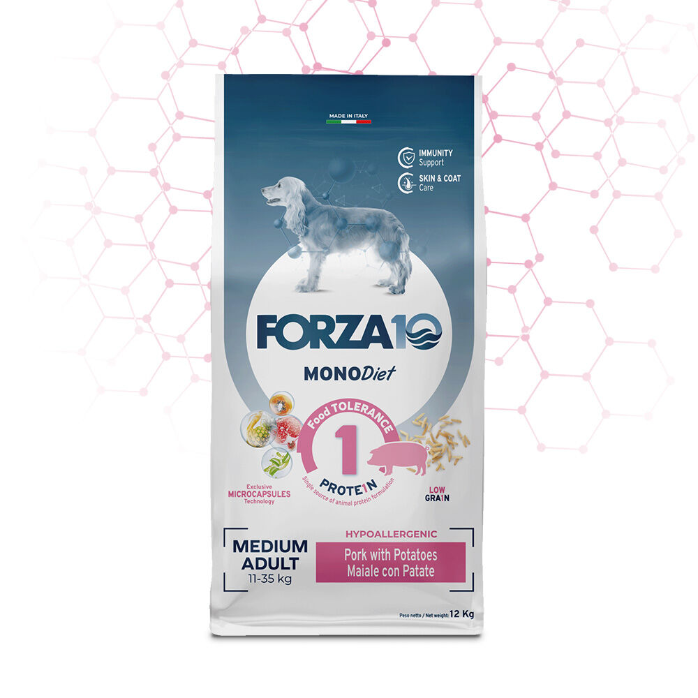 FORZA10 Medium Adult MonoDiet Maiale e Patate – Crocchette Monoproteiche per Cani Adulti di Taglia Media 12kg