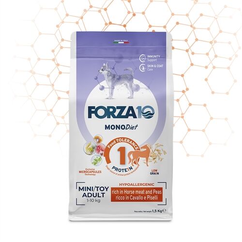 FORZA10 Adult Mini/Toy MonoDiet Cavallo e Piselli 1,5 kg – Crocchette Monoproteiche al Cavallo per Cani Adulti di Piccola Taglia