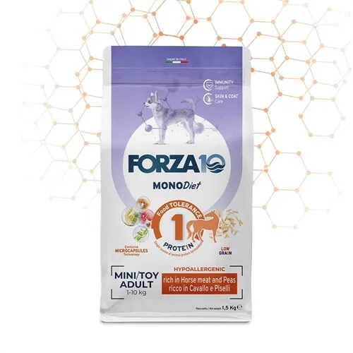 FORZA10 Adult Mini/Toy MonoDiet Cavallo e Piselli 1,5 kg – Crocchette Monoproteiche al Cavallo per Cani Adulti di Piccola Taglia