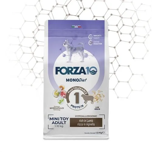 FORZA10 Adult Mini/Toy MonoDiet Agnello 1,5 kg – Crocchette Monoproteiche per Cani Adulti di Piccola Taglia