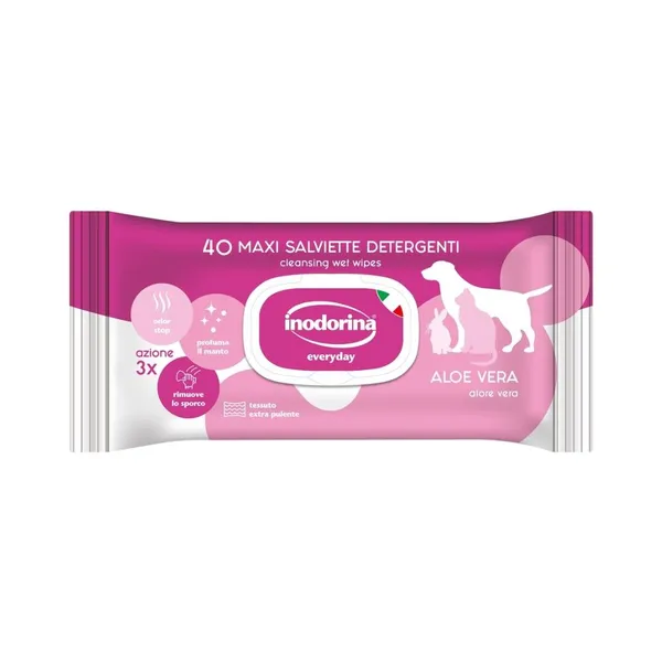 Inodorina Everyday Salviette Detergenti all'Aloe Vera per Cani e Gatti – 40 Salviette Igienizzanti