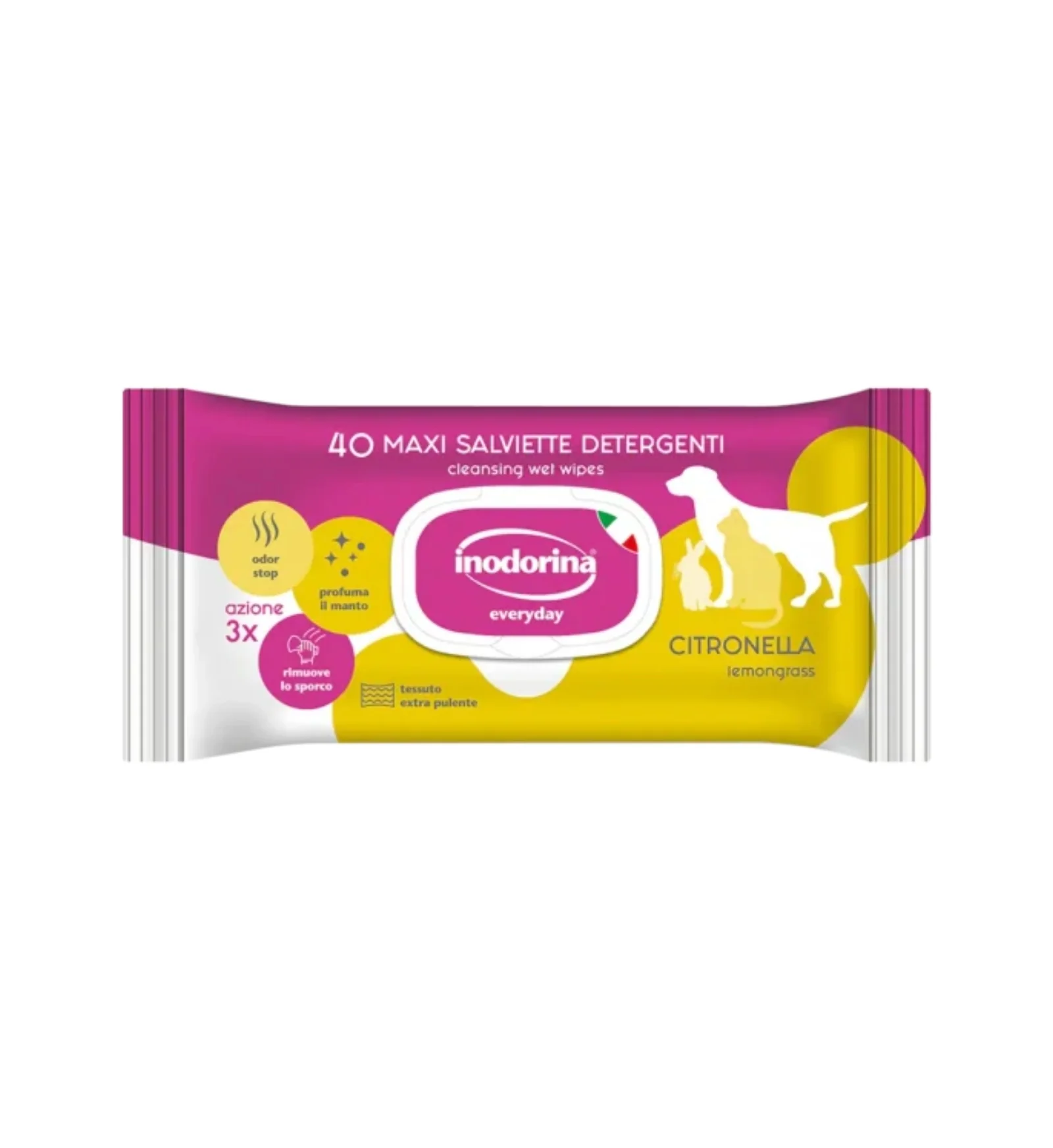 Inodorina Everyday Salviette Detergenti alla Citronella per Cani e Gatti – 40 Salviette Igienizzanti