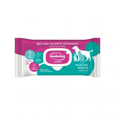 Inodorina Everyday Salviette Detergenti al Muschio Bianco per Cani e Gatti – 40 Salviette Igienizzanti