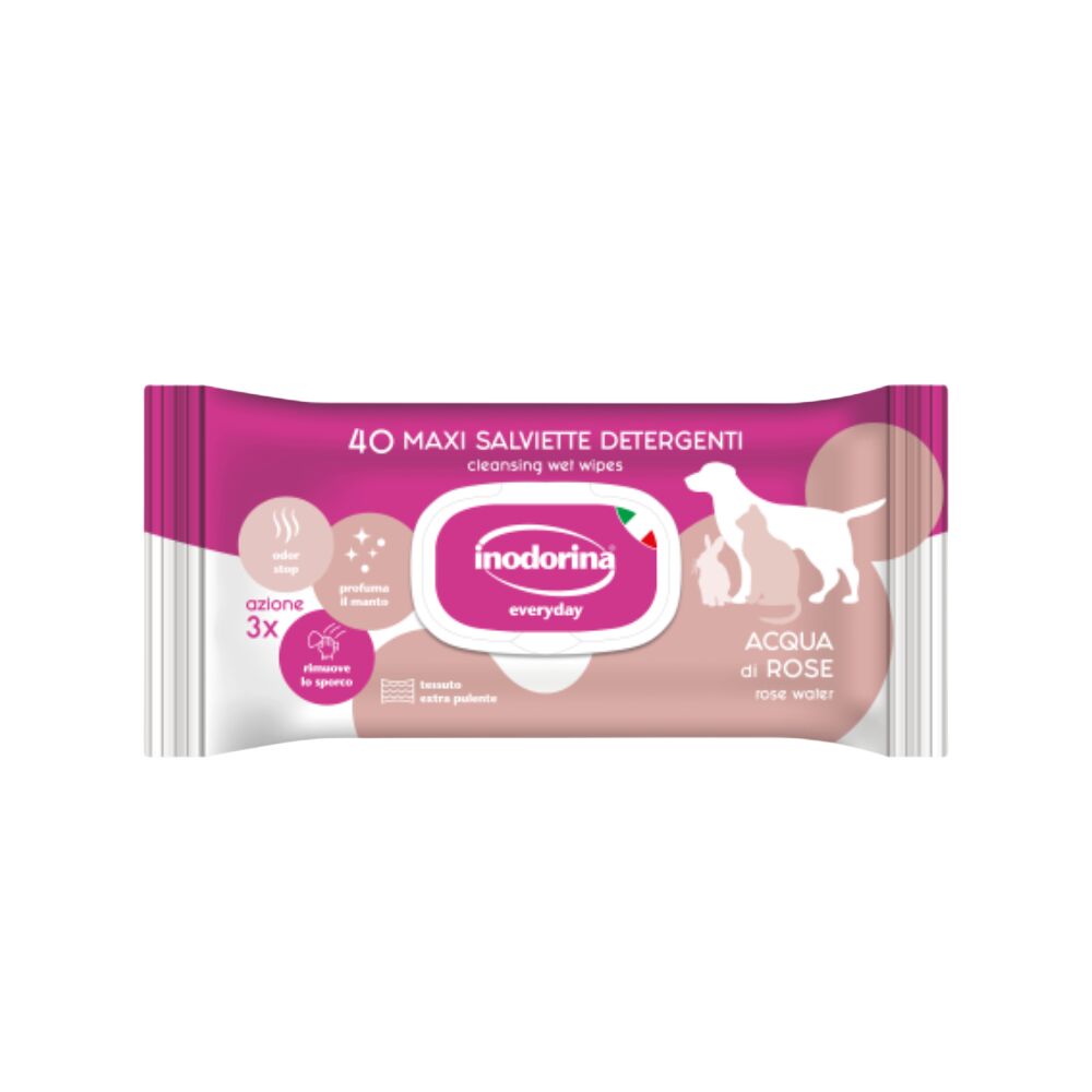 Inodorina Everyday Salviette Detergenti all'Acqua di Rose per Cani e Gatti – 40 Salviette Igienizzanti